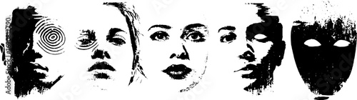 Grunge black and white face illustrations set for urban art design