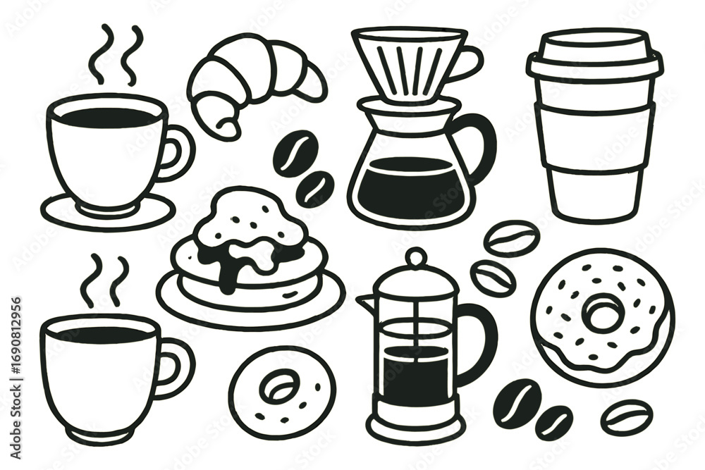 Obraz premium Black and white coffee and breakfast food icon set with croissant, donut, pancakes, and various coffee makers