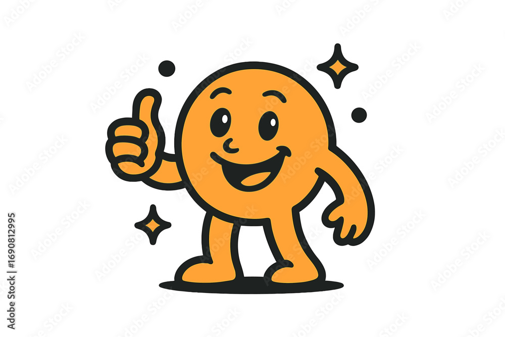 Obraz premium Vintage cartoon mascot character giving a thumbs up sign of approval. Cheerful and happy orange round figure with a big smile and sparkles isolated on white