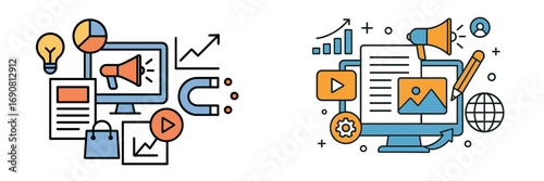 Digital marketing and content creation icon set for business strategy and online promotion with computer and megaphone