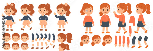 Cute girl character creation kit with various poses, hairstyles, and facial expressions for animation or design projects