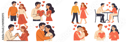 Set of romantic couples in love showing affection, hugging, holding hands, and sharing hearts for Valentine's Day