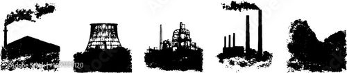 Grunge black and white industrial factory silhouette set for urban design