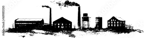 Industrial landscape silhouette in black and white with grungy urban elements