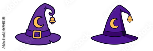 Cartoon wizard hat collection in purple with golden crescent moon and bell, magical fantasy headwear for a Halloween party or sorcerer costume accessory