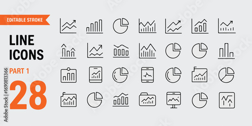 A sleek, editable vector icon set for data visualization. Includes icons for charts, graphs, analysis, and growth. Perfect for illustrating statistics and predictions with a modern, clear style.
