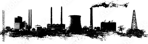 Industrial landscape in grunge style - black and white factory silhouette for urban design
