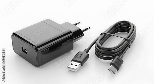 Black phone charger with USB cable on white background.