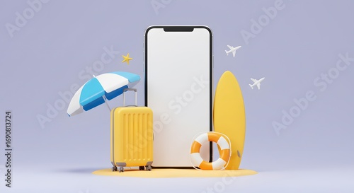Smartphone with Travel Accessories Beach Umbrella Suitcase Surfboard and Airplanes on Light Blue Background