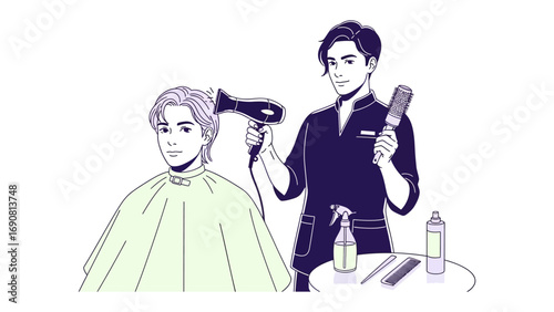 Smiling male hairdresser using a hairdryer and brush to style a client s hair in a salon setting with a clean modern aesthetic