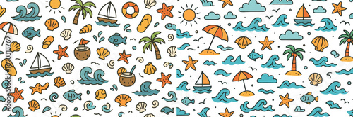 Seamless pattern with hand drawn summer beach doodles including palm trees, sailboats, waves, and starfish for vacation and travel themes