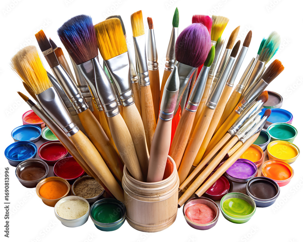 Fototapeta premium Collection of paint brushes and paint pots isolated on transparent background