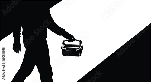 Person carrying a dark lunchbox in a minimalist, graphic design style.