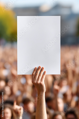 Hand Holding Blank White Poster in Front of Diverse Crowd at Outdoor Event