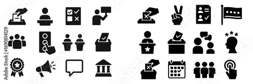 Set of black glyph icons for voting, elections, and political process including ballot box, debate, and government symbols