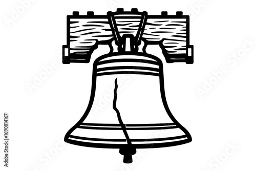Liberty Bell icon in black and white line art style, a symbol of American independence and freedom from Philadelphia