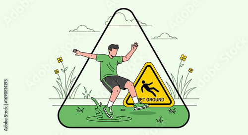 Illustration of a man slipping on wet ground, highlighting safety and prevention of accidents in