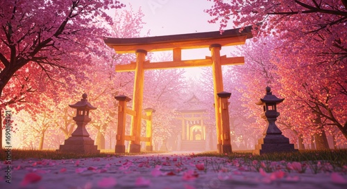 Tranquil Pink And Orange Sunrise Scene Featuring A Traditional Japanese Torii Gate Surrounded By Cherry Blossom Trees In Full Bloom, Soft Lighting