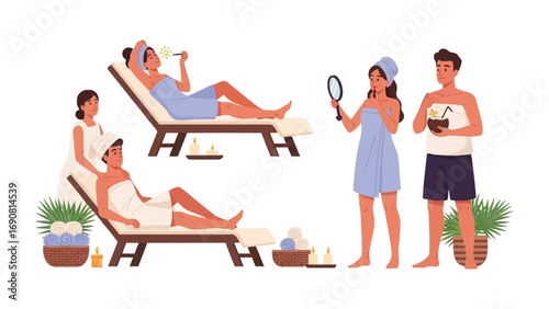 Relaxing spa scene with people enjoying treatments and pampering in a serene wellness environment