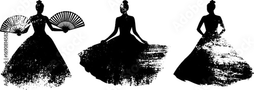 Grunge black and white flamenco dancer silhouettes for vintage art and urban design