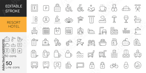 A versatile vector illustration icon set for a resort and hotel. including editable strokes for symbols related to tourism, wellness, beaches, spas, and travel essentials like maps and passports.