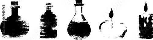 Grunge black and white flask illustration set for vintage design projects