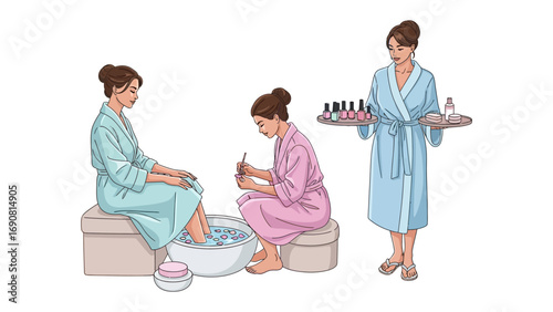 Three women in bathrobes enjoying a spa day with foot soak and nail polish application and a selection of beauty products