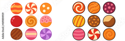 Collection of assorted round sweets and hard candies with colorful designs including swirls and stripes for confectionery concepts
