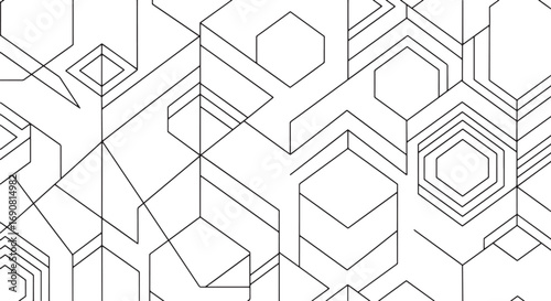 Intricate black and white line art depicting a complex network of abstract geometric shapes and isometric cubes