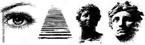 Grunge black and white vintage set featuring floating classical busts and eye sketch for urban art and design
