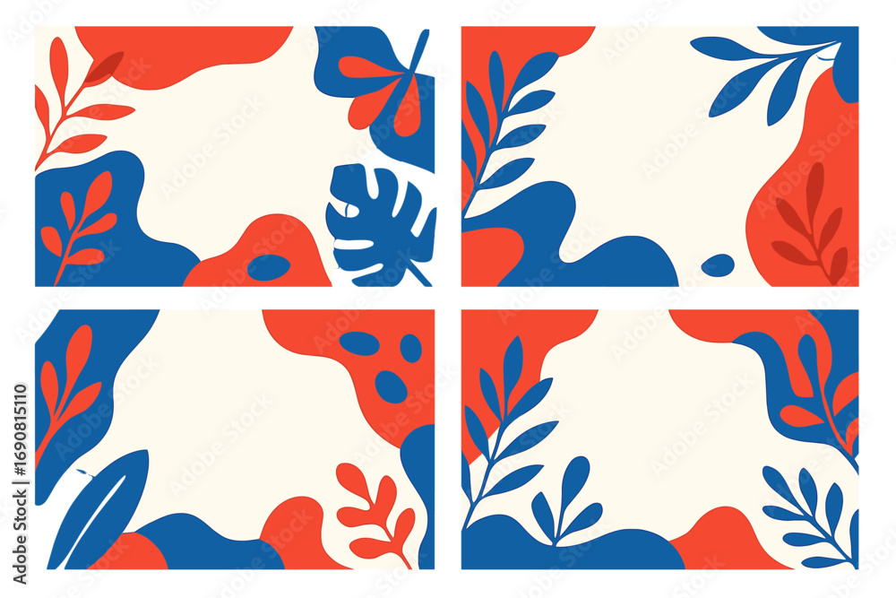 Obraz premium Set of abstract botanical backgrounds with modern organic shapes and tropical leaves creating a vibrant frame for copy space