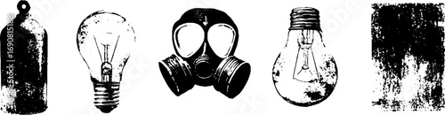 Grunge black and white art set with light bulbs, gas mask, and spray can elements for urban design
