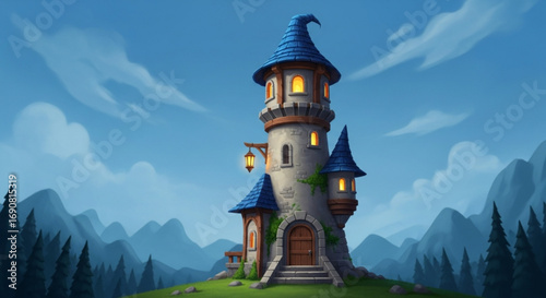 A whimsical wizard tower stands tall against a backdrop of rolling hills and a serene sky, evoking a sense of magic and adventure