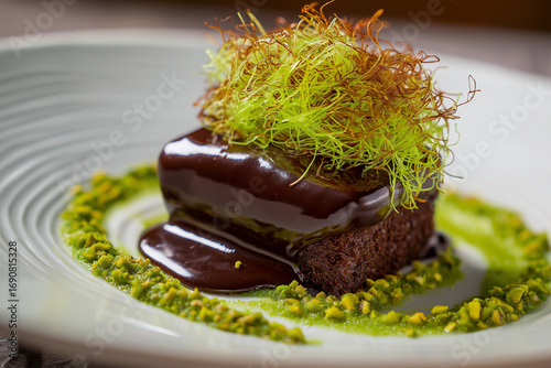 A modern, trendy dessert showcasing Dubai chocolate paired with green kataifi