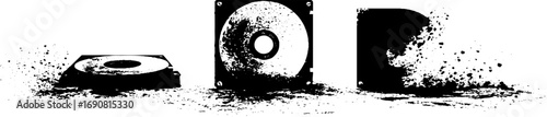 Retro floppy disk grunge black and white design for tech-themed decor and prints