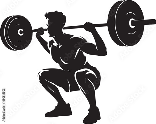 Silhouette of a fit athlete performing a barbell squat exercise demonstrating strength and dedication