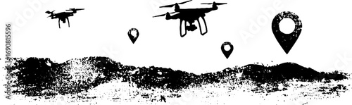 Flying drones over grunge landscape in black and white for urban design