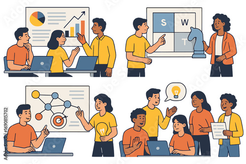 Business team collaboration scenes showing strategic planning, data analysis, and brainstorming sessions with SWOT charts and graphs