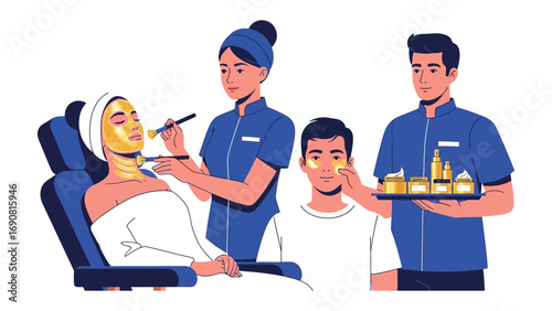 Professional spa treatment with a woman receiving a facial mask application by a beautician and a male assistant holding skincare products