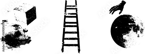 Grunge black and white fragment set featuring ladder, hand, and cubic shapes for urban designs