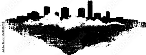 Urban grunge skyline silhouette with black and white distressed texture