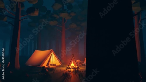 Wallpaper Mural Tent glowing by campfire in dark forest  perfect for camping, adventure, nature, travel, outdoors, wilderness, and exploration designs. Torontodigital.ca