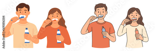 Set of young men and women brushing their teeth with toothbrush and toothpaste for good dental hygiene and oral care