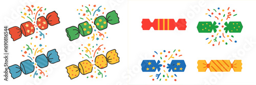Set of colorful Christmas crackers with exploding confetti for holiday party celebrations, festive poppers collection isolated on a white background