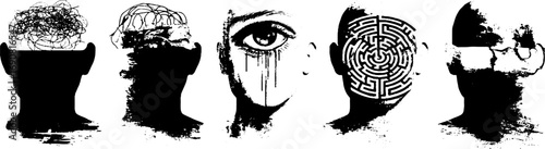 Abstract grunge black and white portraits with intricate details for creative design projects