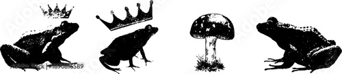 Grunge black and white frog illustration set with crowns and mushroom for creative design