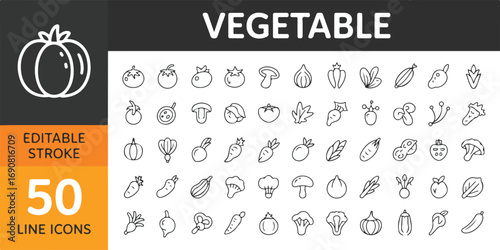An extensive collection of vector vegetable icons with an editable stroke. The set contains illustrations of tomato, onion, pepper, avocado, and many more, perfect for any design project.