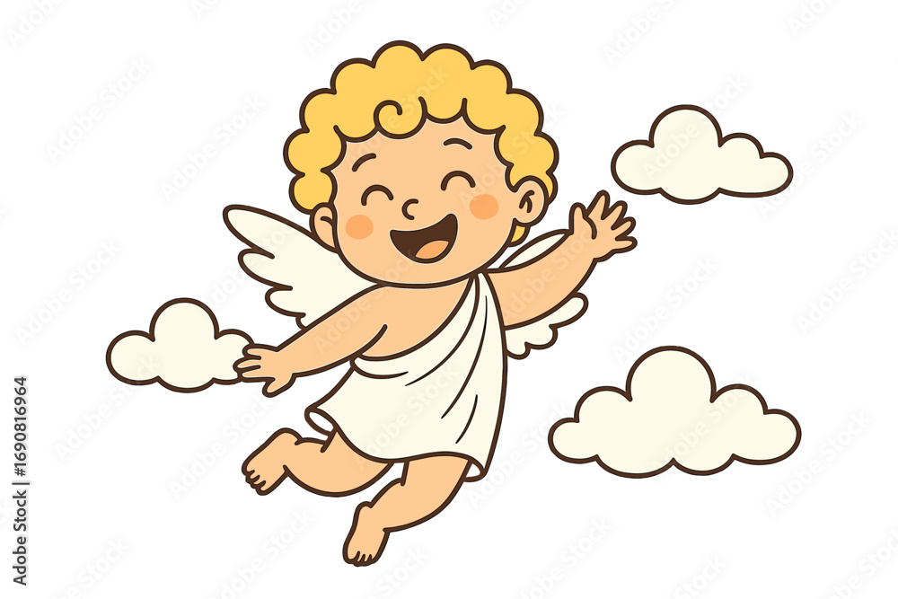 Obraz premium Cute cartoon cupid angel flying in the sky with clouds for Valentine's Day celebration, a happy cherub character with wings