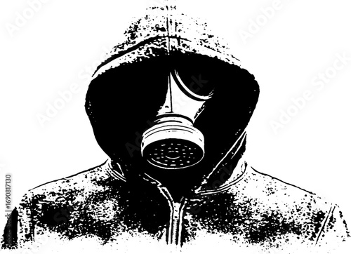 Black and white grunge illustration of gas mask figure in hoodie for urban design