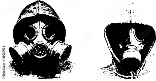 Grunge black and white gas mask illustrations set for urban design and print projects